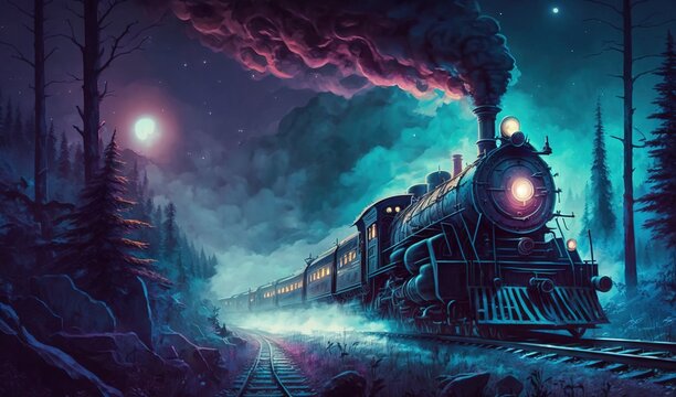  a painting of a train traveling through a forest at night with a full moon in the sky above the train is a full moon in the sky.  generative ai