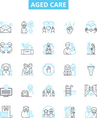 Aged care vector line icons set. Aging, Care, Elderly, Assisted, Supportive, Nursing, Retirement illustration outline concept symbols and signs