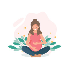 Pregnant woman doing prenatal yoga. Pregnancy health concept. Vector illustration in flat style