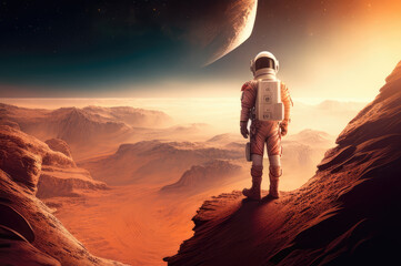 Fototapeta na wymiar Astronaut on the surface of red planet, space fantasy. Generative AI