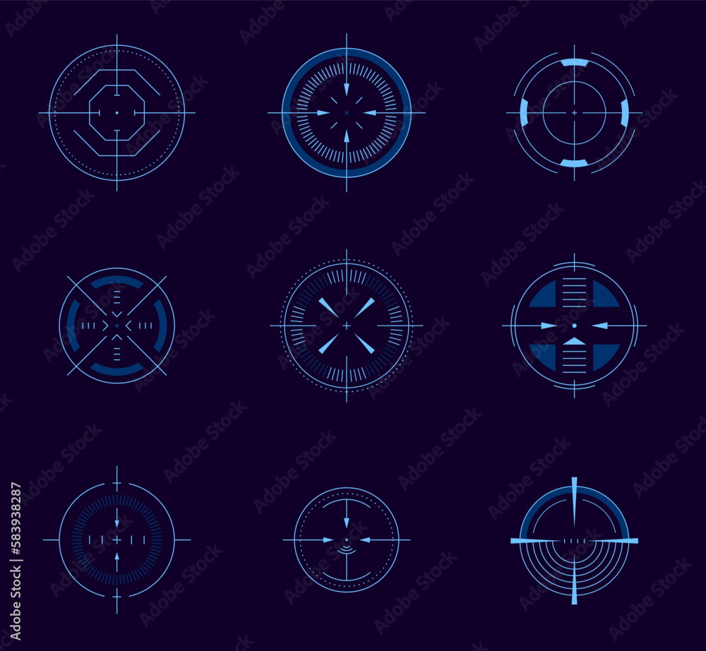 Poster futuristic aim pointer. circle hud user interface element, weapon collimator round aim, digital focu