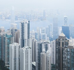 Aerial view of skyscrapers and high-rise buildings in Kowloon from the peak