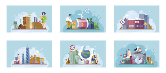 Waste and recycle set. Contains concepts trash, plastic, paper, bottle, can dumpster, factory, truck, food, garbage, glass pollution. Metaphor waste pollution. Different types of garbage and waste