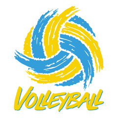 Volleyball ball in brush strokes . Sports design in blue and yellow. Volleyball theme design for sport lovers stuff and perfect gift for players and fans	