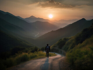 Man walking alone on a winding road toward the sunset. Generative AI, photo realistic