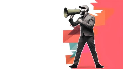 Creative collage style image of a person holding a megaphone, communicating announcements and promotions with attention grabbing urgency. The image represents leadership and activism. Generative AI
