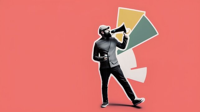 Creative collage style image of a person holding a megaphone, communicating announcements and promotions with attention grabbing urgency. The image represents leadership and activism. Generative AI