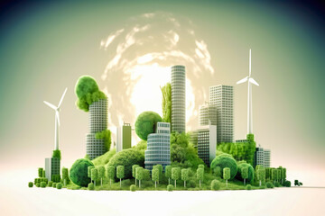 Energy consumption and CO2 gas emissions are increasing light bulb with green eco city , Renewable energy by 2050 Carbon neutral energy , Save energy creative idea concept , Generative Ai.