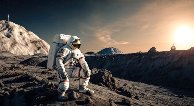 An astronaut on a moonwalk mission to collect moon rock samples (generative AI)