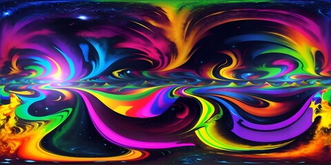 An abstract painting with bright colors on a black background