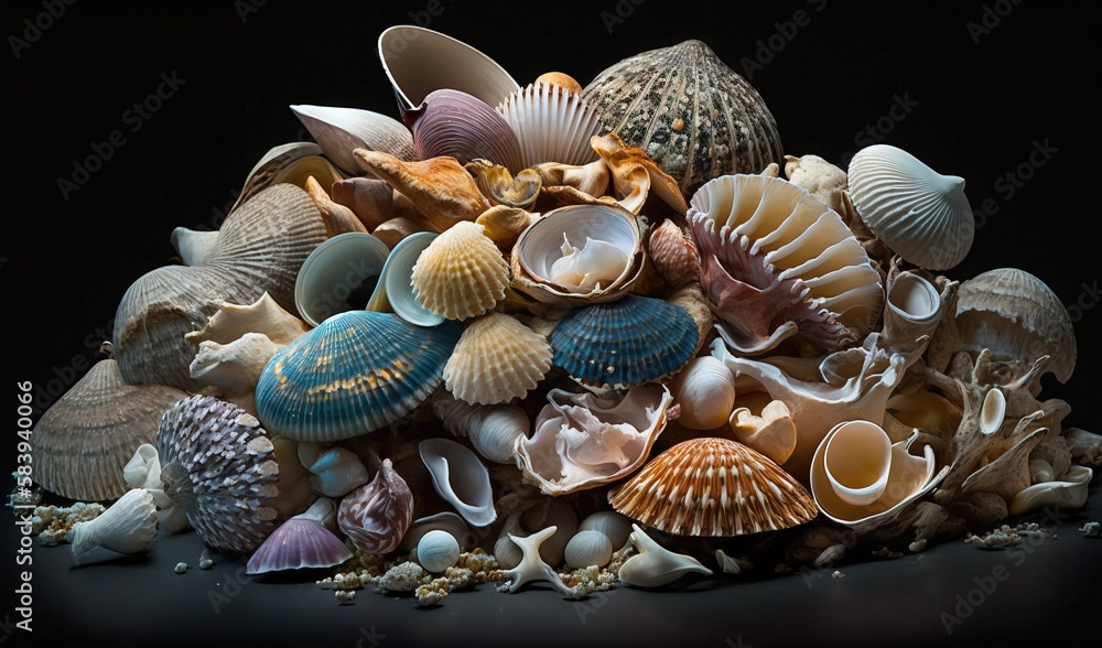 Poster a pile of sea shells sitting on top of a black table top next to a pile of sea shells on top of a ta
