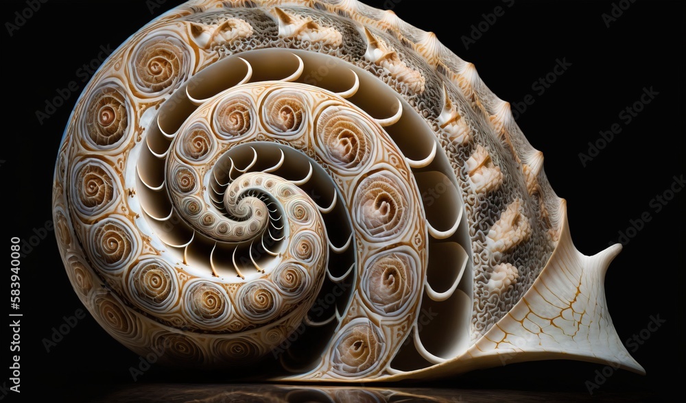 Poster a close up of a snail shell on a black background with a reflection in the water and a black backgro