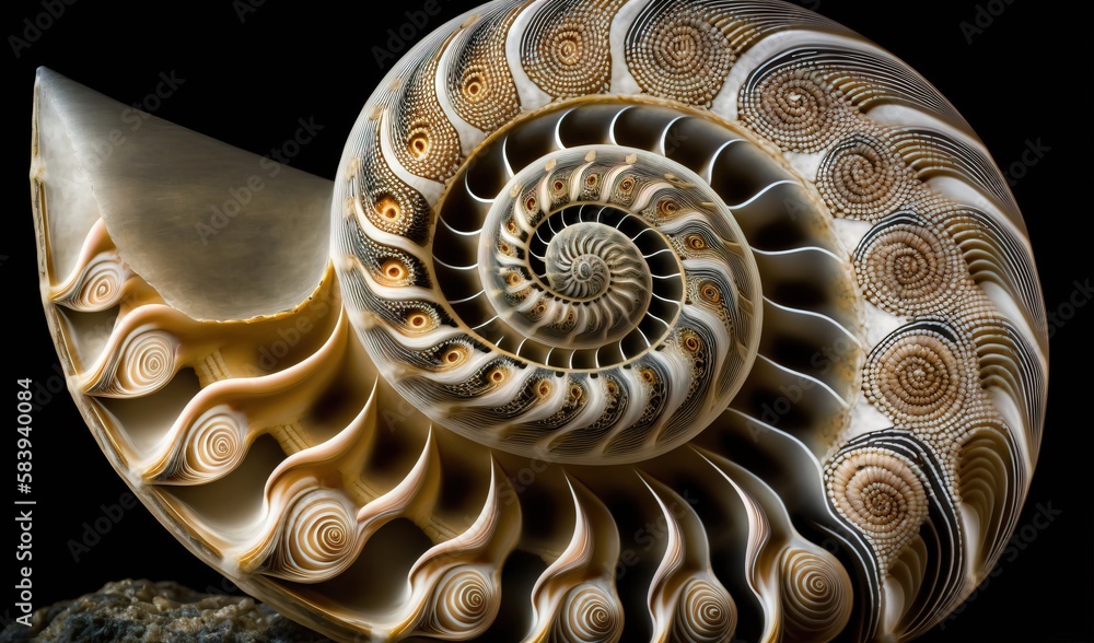 Poster a close up of a large shell on a black background with a black background and a black background wit