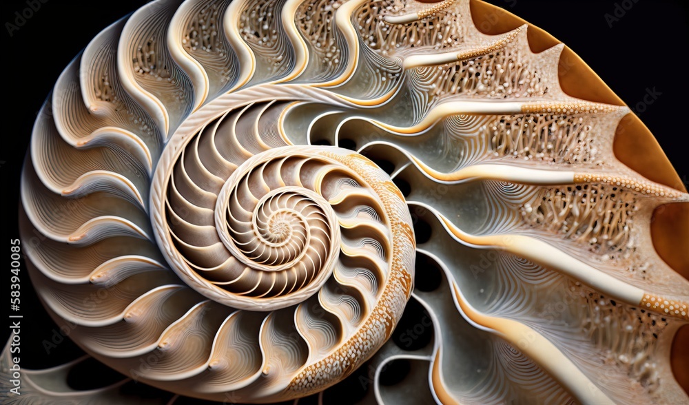 Poster a close up of a spiral shaped object on a black background with a black background and a black backg