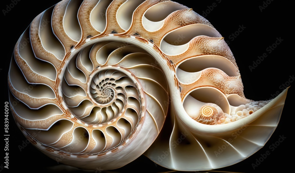 Poster a close up of a very large shell on a black background with a reflection of the shell on the floor a