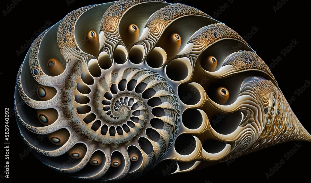 Poster a computer generated image of a spiral like object in gold and silver on a black background, with a 