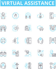 Virtual assistance vector line icons set. Virtual, Assistance, AI, Chatbot, Automation, Helper, Robot illustration outline concept symbols and signs
