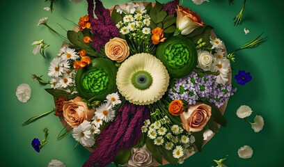  a bouquet of flowers arranged on a green surface with white and orange flowers.  generative ai