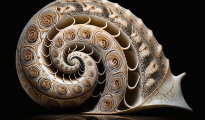  a close up of a snail shell on a black background with a reflection in the water and a black background with a reflection in the shell.  generative ai