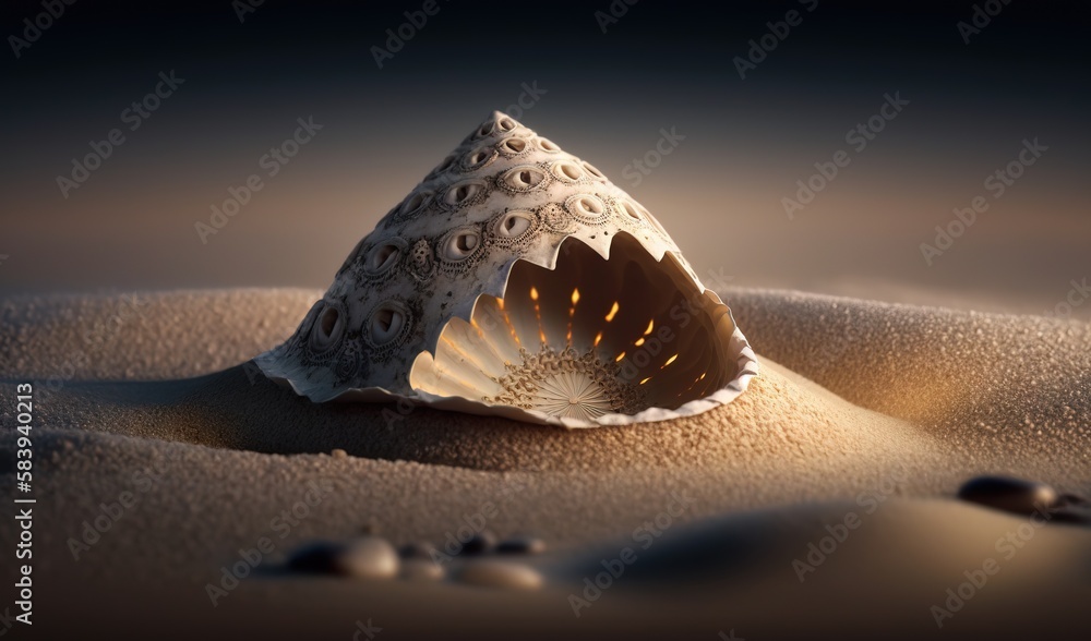 Poster a seashell on a sandy beach in the sand with a light shining on the top of the shell and the bottom 