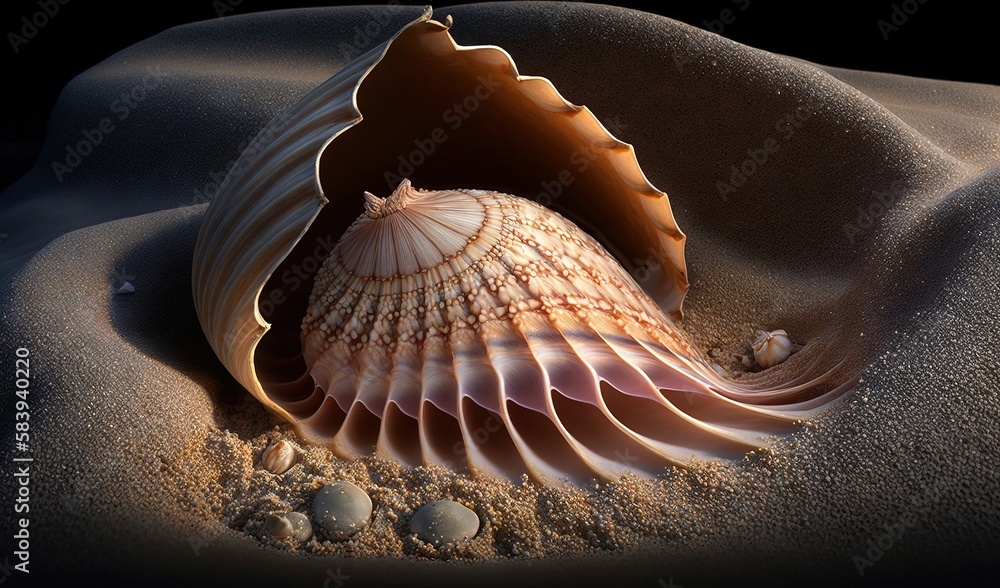 Poster a seashell on a sandy beach on a black background with a shadow of a sea shell on the sand and pebbl