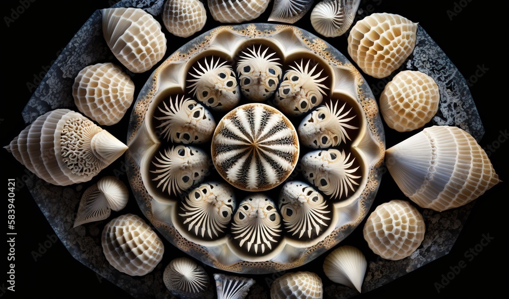 Poster a group of sea shells sitting on top of a black surface next to each other on top of a stone slab wi