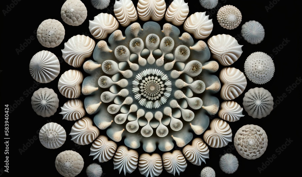 Poster a circular arrangement of sea shells arranged in a circle on a black background with a white center 