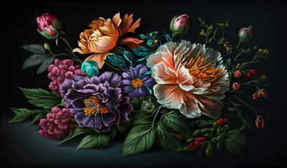 Obraz na płótnie Canvas a painting of a bouquet of flowers on a black background. generative ai