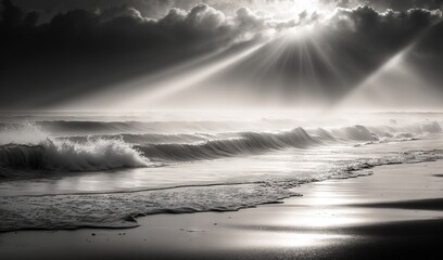  a black and white photo of the sun shining through clouds over the ocean and the waves crashing on the shore of a beach in the ocean.  generative ai