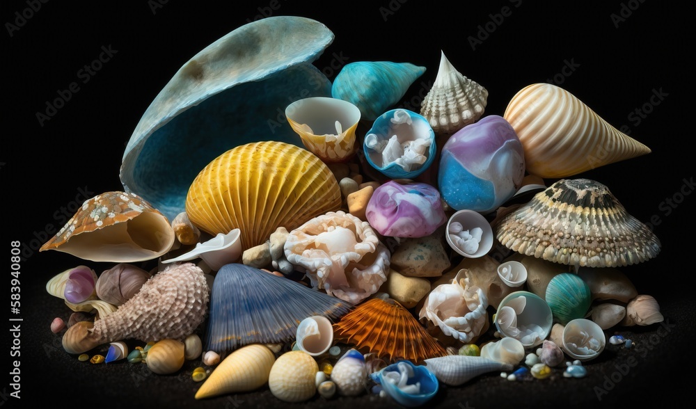 Poster a pile of sea shells sitting on top of a black table top next to a black wall with a blue shell on t