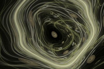 Yellow pattern of crooked waves on a black background. Abstract fractal 3D rendering