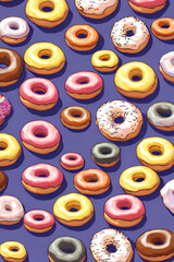 Colorful Donuts Flat Lay On A Plain Color Background created with generative ai technology