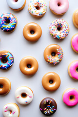 Colorful Donuts Flat Lay On A Plain Color Background created with generative ai technology