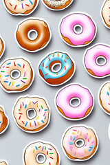 Colorful Donuts Flat Lay On A Plain Color Background created with generative ai technology