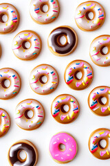 Colorful Donuts Flat Lay On A Plain Color Background created with generative ai technology