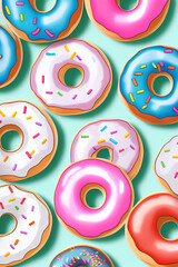 Colorful Donuts Flat Lay On A Plain Color Background created with generative ai technology