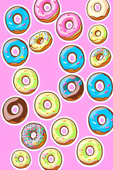 Colorful Donuts Flat Lay On A Plain Color Background created with generative ai technology