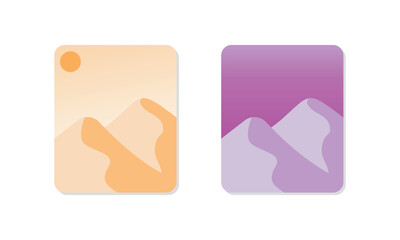 Set of desert landscape posters with sand dunes at sunrise and sunset. Simple scene of day and dusk. Vector illustration.