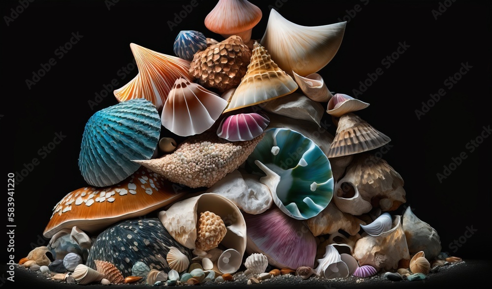 Poster a pile of sea shells on a black background with a black background and a black background with a bla