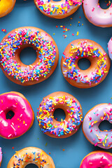 Colorful Donuts Flat Lay On A Plain Color Background created with generative ai technology