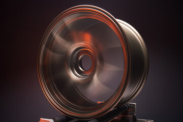 sports matte bronze car rims illuminated by red light photography at various long shutter speeds for the effect of motion blur when rotating