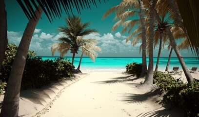 Obraz premium a tropical beach with palm trees and a sandy path leading to the water's edge and a blue sky with clouds in the background. generative ai