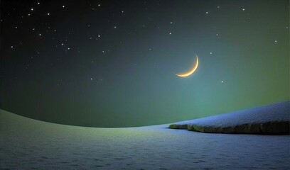 Obraz na płótnie Canvas a crescent in the night sky over a snow covered hill with a crescent on it's side and stars in the sky above it. generative ai