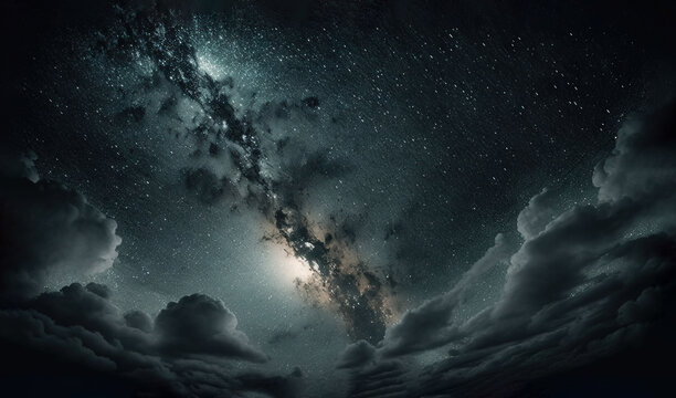  a night sky with clouds and a bright star in the middle of the night with a black and white photo of the sky with stars and clouds.  generative ai