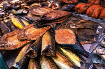 Various smoked fish products. Healthy eating and fish market concept