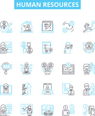 Human resources vector line icons set. Recruitment, Hiring, Job, Training, Benefits, Compensation, HR illustration outline concept symbols and signs