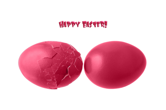 Cracked and whole painted natural chicken easter eggs in trendy color 2023 Viva Magenta isolated on white background.