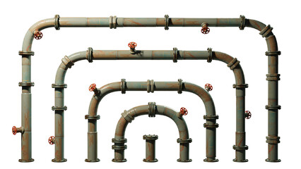 metal pipes with valves, collection of connectors and rivets isolated on transparent background - 583942055