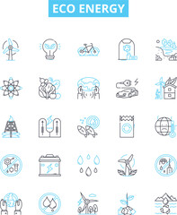 Eco energy vector line icons set. Eco-energy, Sustainable, Renewable, Solar, Wind, Hydro, Biomass illustration outline concept symbols and signs