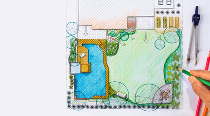 Fototapeta na wymiar Backyard garden design plan for villa.